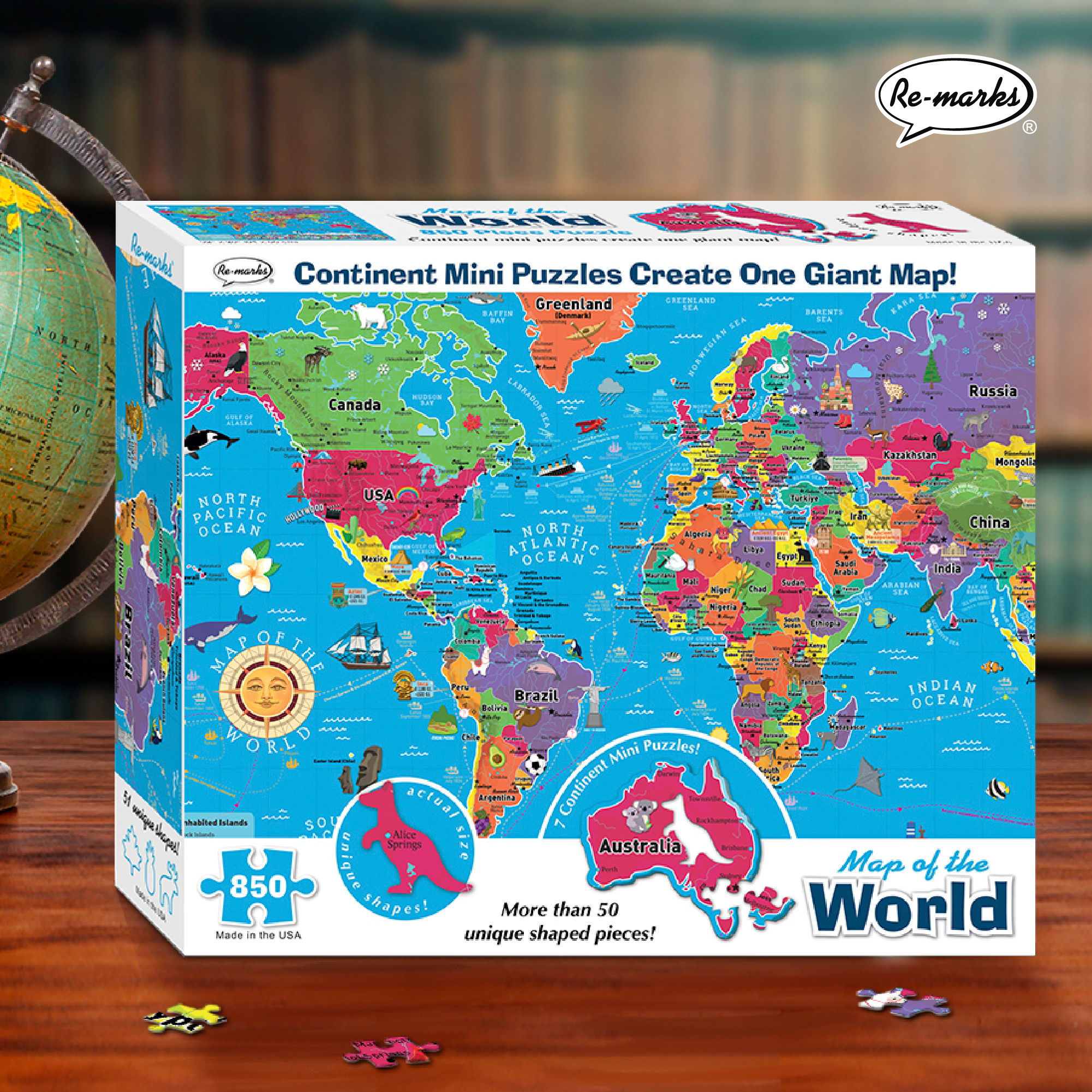 Re-marks Map of The World Deluxe Jigsaw Puzzle with Whimsy Pieces